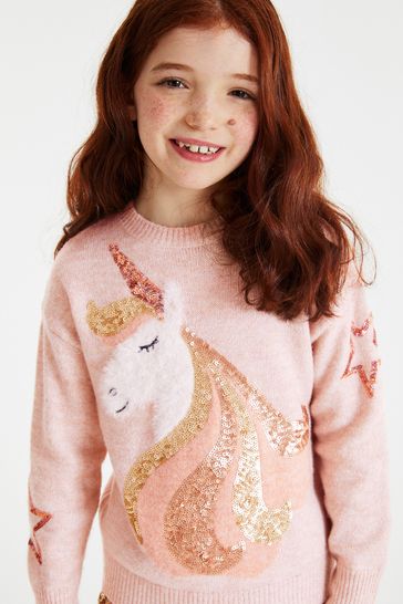 Pink Sequin Unicorn Knitted Jumper (3-16yrs)