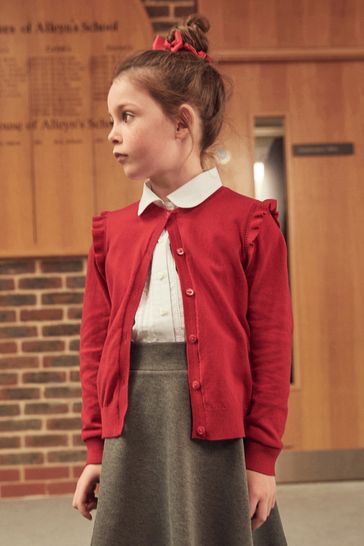 Red Cotton Rich Frill Shoulder School Cardigan (3-16yrs)