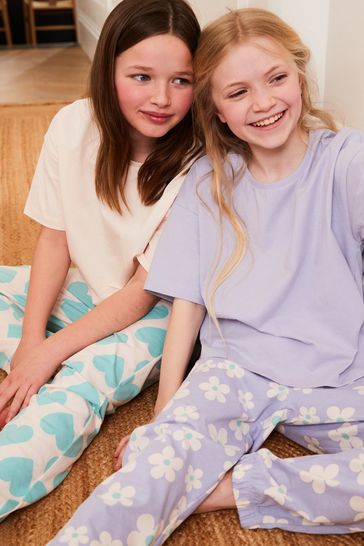 Purple Lilac Blue Daisy Heart Pyjamas 2 Packs (3-16yrs)