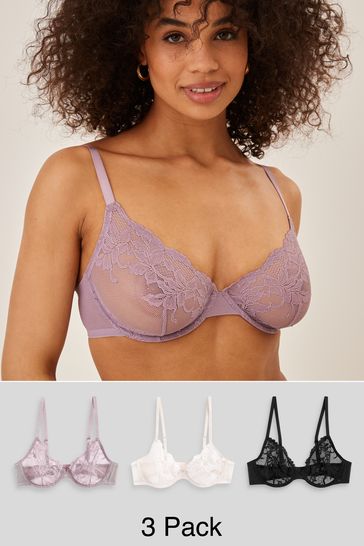 Buy Black/Lilac Purple/Cream Non Pad Full Cup Lace Bras 3 Pack