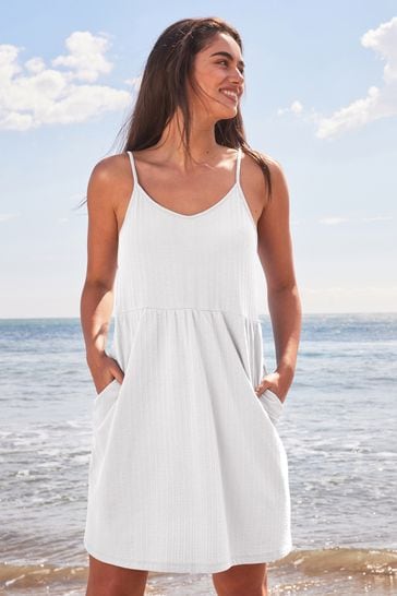 White Cotton Seersucker Mini V-Neck Cami Summer Dress