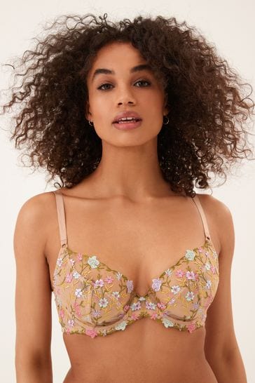Embroidered Floral Lace Full Padded Crop Bralette Top, Lingerie