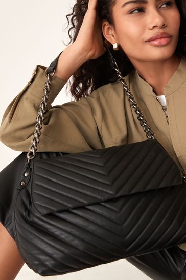 Black Leather Quilted Chain Shoulder Bag