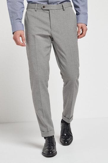 Grey Slim Fit Slim Fit Trimmed Herringbone Suit: Trousers