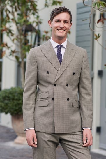 Taupe Brown Double Breasted Wool Blend Check Suit Jacket