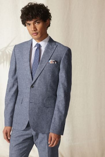 Blue Slim Fit Linen Blend Suit Jacket