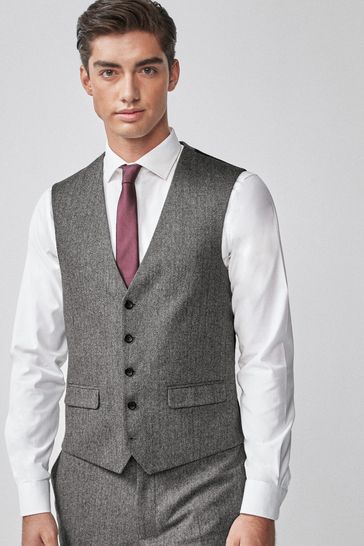 Grey Nova Fides Wool Blend Herringbone Suit Waistcoat