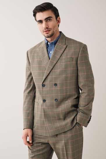 Buy Taupe Brown Oversized Fit Check Double Breasted Suit Jacket