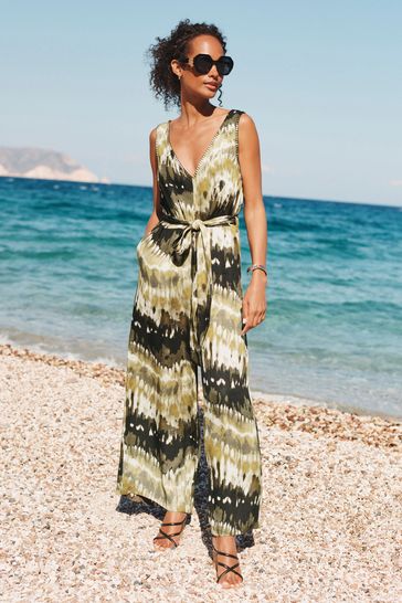 Green/Black Tie Dye Embroidered Wide Leg Jumpsuit