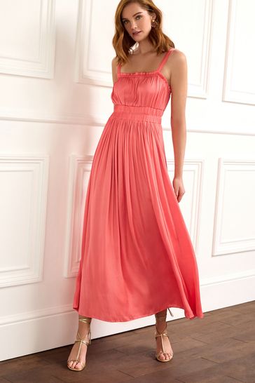 Pink Glossy Satin Strappy Ruched Midi Dress