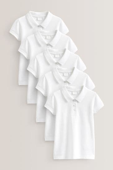White Regular Fit 5 Pack Cotton Short Sleeve Polo Shirts (3-16yrs)