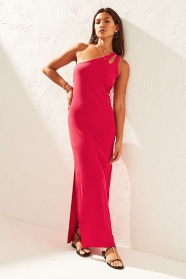 Magenta Pink One Shoulder Cut-Out Ribbed Midi Dress