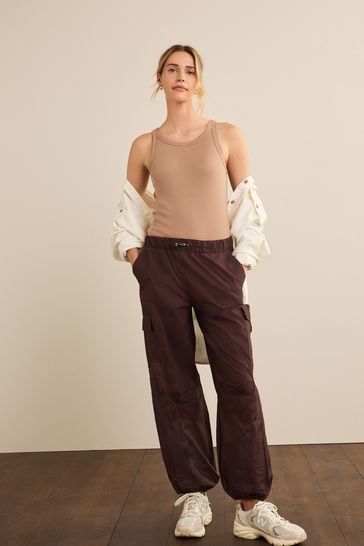 Brown Embroidered Parachute Cotton Cargo Trousers
