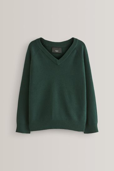 Suéter escolar de punto con cuello de pico en color verde (3-18 años)