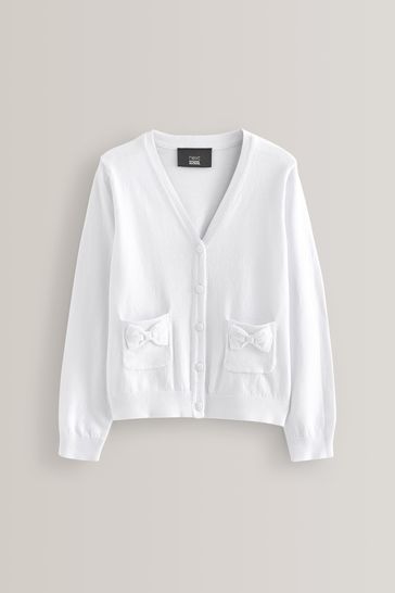 White Cotton Rich Bow Pocket School Cardigan (3-16yrs)