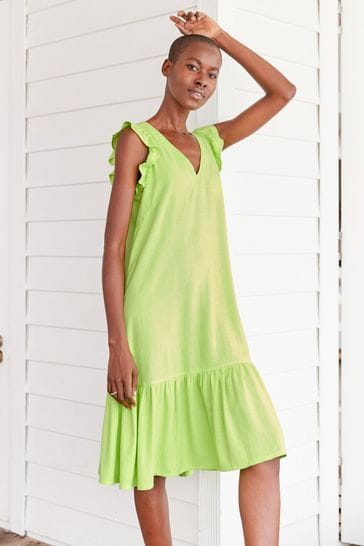 Lime Green Ruffle Sleeve Tie Back Mini Dress With Linen