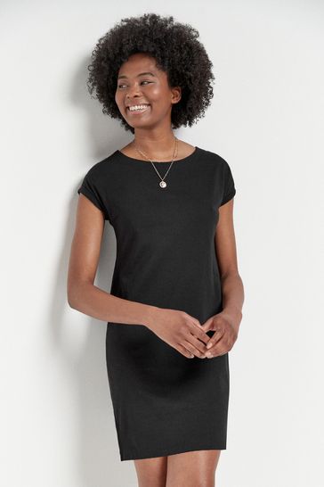 Black 100% Cotton Relaxed Capped Sleeve Tunic Dress
