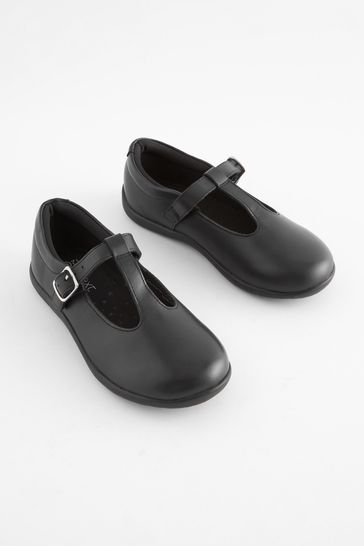 Black Wide Fit (G) Junior Leather T-Bar Shoes
