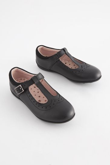 Black Narrow Fit (E) Leather T-Bar Leather Shoes