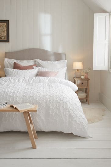 White Textured Embossed Square Duvet Cover and Pillowcase Set