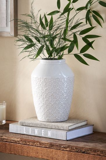 White Tile Embossed Medium Ceramic Vase