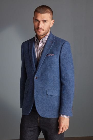 Blue Slim Nova Fides Signature Herringbone Wool Blazer