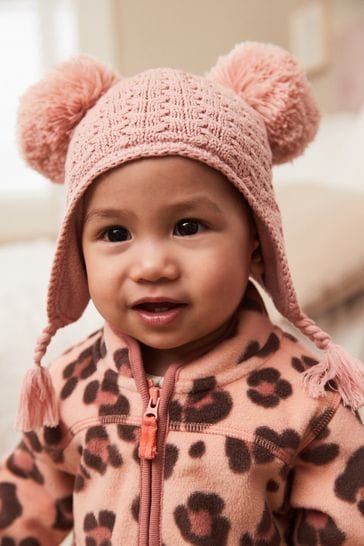 Pink Double Pom Baby Trapper Hat (0mths-2yrs)