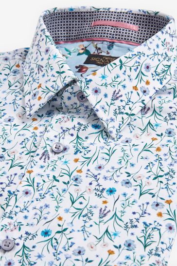 Blue/White Floral Regular Fit Single Cuff Signature Trimmed Shirt