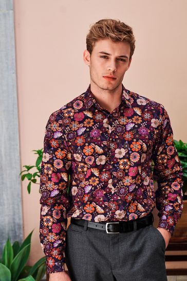 Burgundy Red Floral Regular Fit Single Cuff Signature Made In Italy Texta Print Shirt