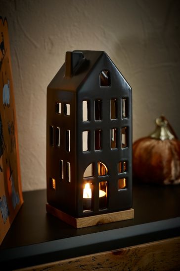 Black Ceramic House Tea Light Holder