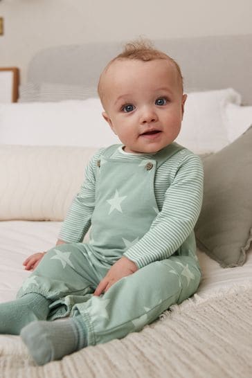 Sage Green Star Jersey Baby Dungarees And Bodysuit (0mths-2yrs)