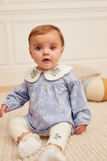 Blue Floral Collar Baby Top And Leggings Set