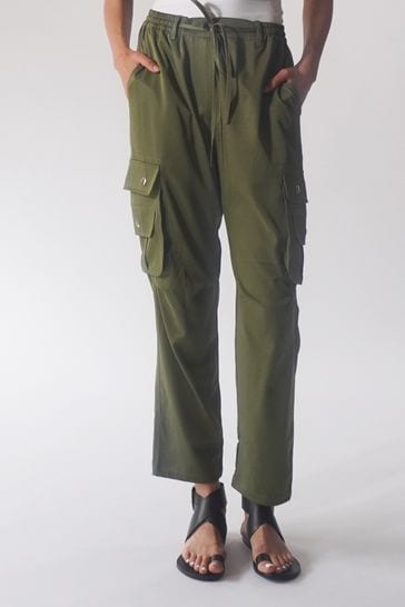 Religion Green Utility Inspired Trousers With Multiple Pockets In Soft Crepe