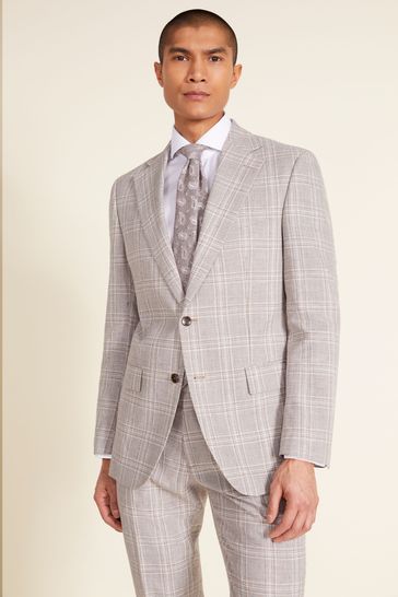 MOSS Natural Tailored Fit Taupe Check Linen Jacket
