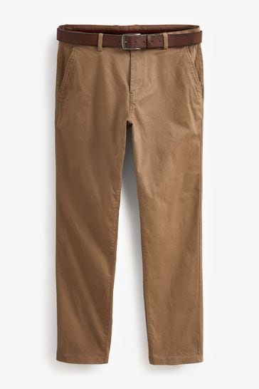Tan Straight Belted Soft Touch Chino Trousers