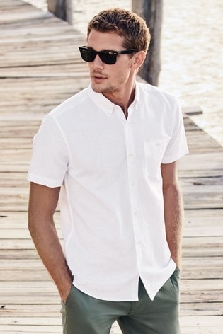 White Regular Fit Linen Blend Short Sleeve Shirt