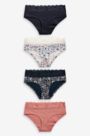 Navy/Pink/Floral Print Short Lace Trim Cotton Blend Knickers Four Pack