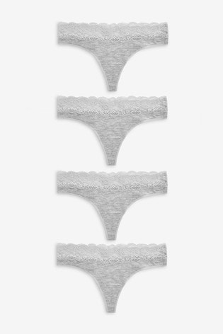 Grey Marl Thong Lace Trim Cotton Blend Knickers 4 Pack