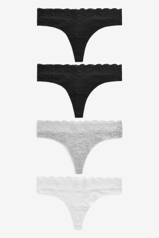 White/Grey/Black Thong Cotton and Lace Knickers 4 Pack