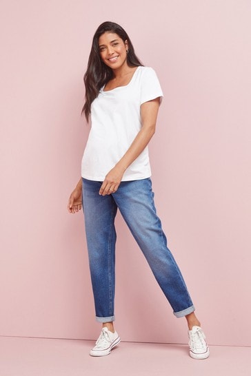 Mid Blue Denim Maternity Over-the-Bump Mom Jeans