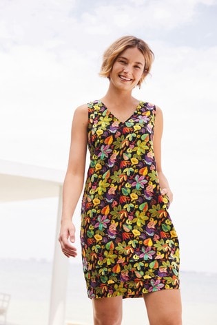 Black Tropical Print Linen Blend Summer Shift Dress