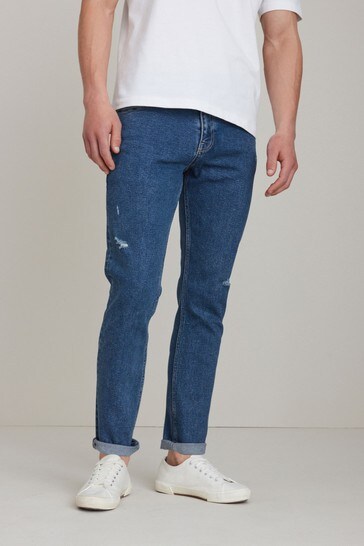 Mid Blue Ripped Slim Fit Essential Stretch Jeans