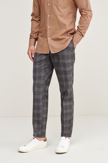 Navy Blue Brown Check Slim Tapered Trimmed Check Heritage Trousers