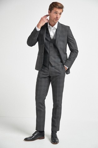 Charcoal Grey Slim Fit Check Suit: Jacket
