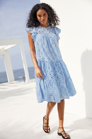 Broderie Ruffle Sleeve Midi Dress ...