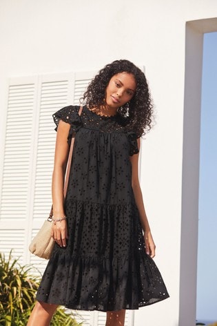 Black Broderie Ruffle Sleeve Midi Summer Dress