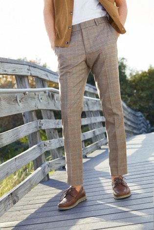 Buy Taupe Brown Slim Fit Check Trousers