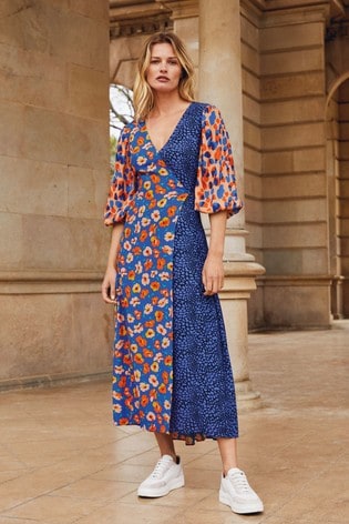 Buy Blue/Orange Floral Wrap Midi Dress ...