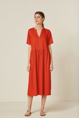 Red Linen Mix Midi Kaftan Summer Dress