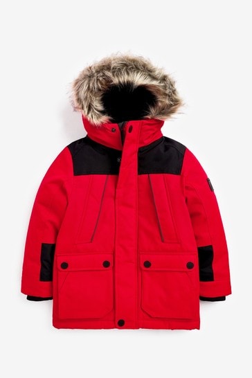 Red Shower Resistant Faux Fur Hooded Parka Coat (3-16yrs)
